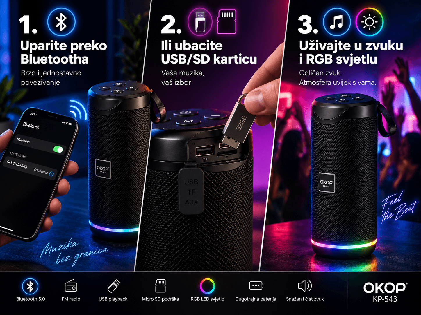 OKOP KP-543 – bežični Bluetooth zvučnik sa RGB LED svjetlom 3