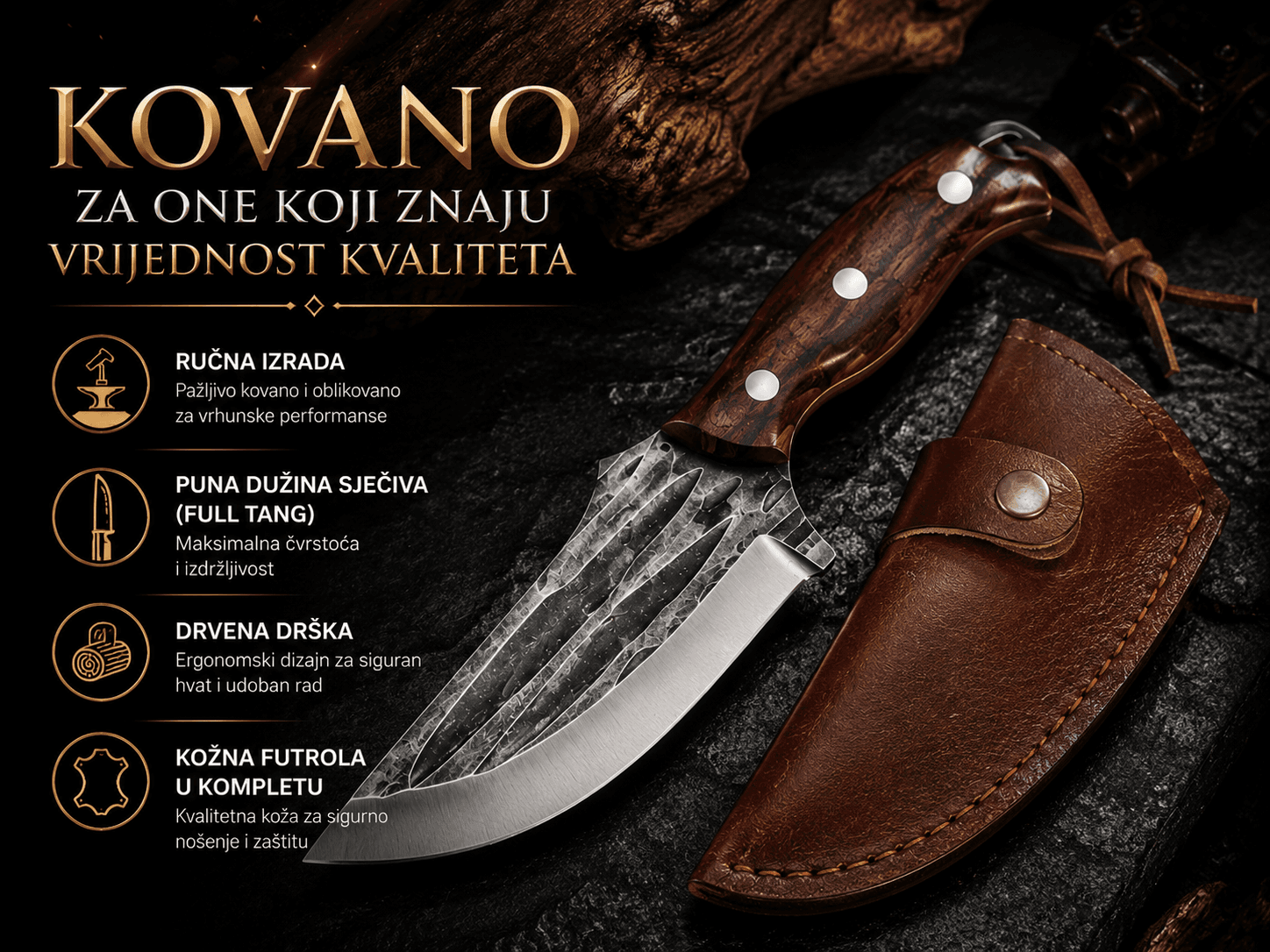 Kovani nož sa drvenom drškom i kožnom futrolom 2